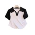 Real Shot Color Block Short Sleeve T-Shirt Women Summer New Short Fitted Half Sleeve Hong Kong Style Top