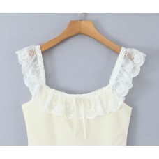 Square Neck Lace Splicing Waist-Cinching Dress