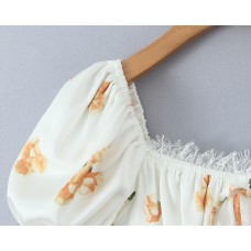 Floral Print Bubble Sleeve Lace Hem Splicing A-Line Dress Floral Print Bubble Sleeve Lace Hem Splicing A-Line Dress
