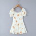 Floral Print Bubble Sleeve Lace Hem Splicing A-Line Dress