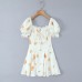 Floral Print Bubble Sleeve Lace Hem Splicing A-Line Dress