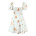 Floral Print Bubble Sleeve Lace Hem Splicing A-Line Dress