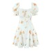 Floral Print Bubble Sleeve Lace Hem Splicing A-Line Dress