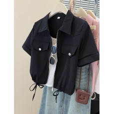 Solid Color Short Length Workwear Top for Women with Double Zipper Polo Collar