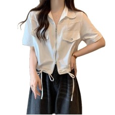 Style Short Length Workwear Top for Women Slim Fit Solid Color Double Zipper Polo Collar Top