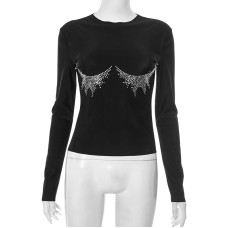 Elegant Slim Solid Color Rhinestone Long Sleeve Top for Women Elegant Slim Solid Color Rhinestone Long Sleeve Top for Women