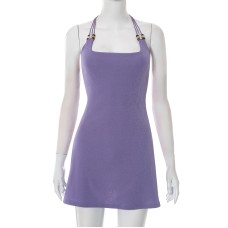Elegant Solid Color Halter Neck Tie Strap Sexy Short Dress for Women