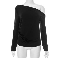 Casual Off-Shoulder Solid Color Long Sleeve Top for Women