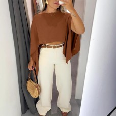 Solid Color One-Shoulder Design Slit Sleeve Multi-Wear Office Casual Top (with Camisole)