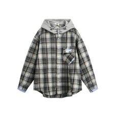 Plaid Spliced Fake Two-Piece Hooded Loose Long-Sleeve Shirt Men