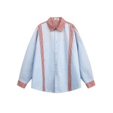 Color Block Small Plaid Splicing Loose Fit Long Sleeve Shirt for Men