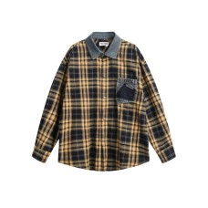 Pocket Color Block Turn-Down Collar Loose Unisex Plaid Shirt