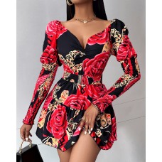 High-Quality Floral Print V-Neck Bubble Sleeve Waist-Cinched Dress