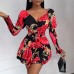 High-Quality Floral Print V-Neck Bubble Sleeve Waist-Cinched Dress