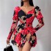 High-Quality Floral Print V-Neck Bubble Sleeve Waist-Cinched Dress