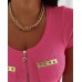 New Arrival  Fashion Trendy Round Neck Zipper Ribbed Top