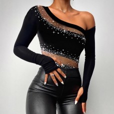 Black Transparent Mesh Sequined Splicing Long Sleeve Off Shoulder Fitted Top