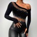 Black Transparent Mesh Sequined Splicing Long Sleeve Off Shoulder Fitted Top