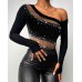 Black Transparent Mesh Sequined Splicing Long Sleeve Off Shoulder Fitted Top
