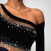 Black Transparent Mesh Sequined Splicing Long Sleeve Off Shoulder Fitted Top