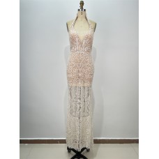Fashion Sequin Women's Halter Sexy Sleeveless Sequin Fitted Long Bodycon Party Dress