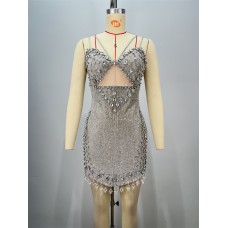 Summer Shiny Diamond Women's Sleeveless Backless Fashion V-Neck Mini Dress