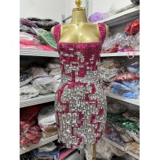 Fashionable Rose Red Backless V-Neck Beaded Sleeveless Fitted Mini Party Dress for Women