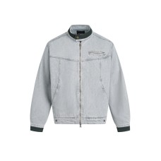 Unique Design Washed Color Block Stand Collar Denim Jacket Versatile Outerwear Men