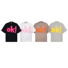Street Style Fun Doll OK Embroidery Short Sleeve T-Shirt Unisex Loose Casual Hip Hop Elbow Length Sleeves