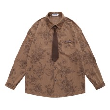 Retro Waffle Grid Floral Collar Long Sleeve Shirt Men's  Loose Casual Couple Blouse Jacket