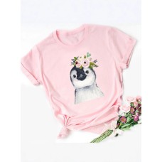 T-Shirt Round Neck Print Unisex Penguin Print Top