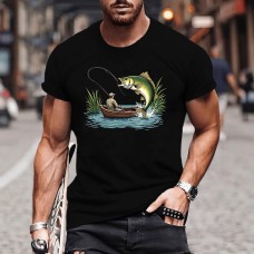 Men's Plus Size T-Shirt with Fisherman and Fish Pattern - Casual Short Sleeve, Round Neck