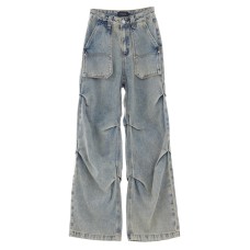 Retro pleated washed denim jeans for men