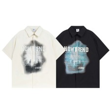 High Street  Style Human Shadow Letter Print Short Sleeve Shirt Men's Loose Casual Hip Hop Top