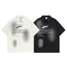 High Street Spray Paint Gothic Letter Print Collar Short Sleeve Shirt Men's Loose Casual Hip Hop Top