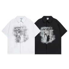 High Street  Style Character Letter Print Collar Short Sleeve Shirt Men's Loose Casual Hip Hop Shirt
