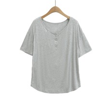 Sexy Round Neck Single-Button Loose Casual Short Sleeve T-Shirt