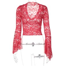 Fitted Versatile Crop Top with Lace Hem Long Sleeve Spicy Girl Lace Top