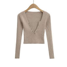 V-neck long sleeved elastic waistband top