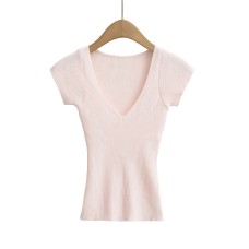 Deep V-Neck Short Sleeve Elastic Waist Slim Knit Top