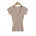 Deep V-Neck Short Sleeve Elastic Waist Slim Knit Top