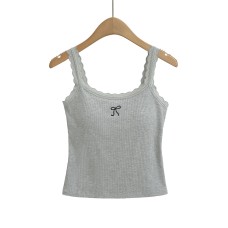 Bow Embroidery Lace Trim Crop Top