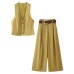 Golden Button Decorated Satin Feel Top + Wide Leg Pants