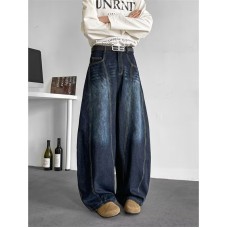 Deep blue washed wide leg jeans for men