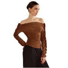 Elegant Solid Color Pleated Shoulder-Baring Fitted One-Shoulder Top Elegant Solid Color Pleated Shoulder-Baring Fitted One-Shoulder Top