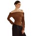 Elegant Solid Color Pleated Shoulder-Baring Fitted One-Shoulder Top