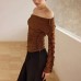 Elegant Solid Color Pleated Shoulder-Baring Fitted One-Shoulder Top
