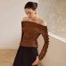 Elegant Solid Color Pleated Shoulder-Baring Fitted One-Shoulder Top