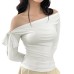 Pleated One-Shoulder Twist Tie Asymmetric Long Sleeve Top