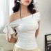 Pleated One-Shoulder Twist Tie Asymmetric Long Sleeve Top